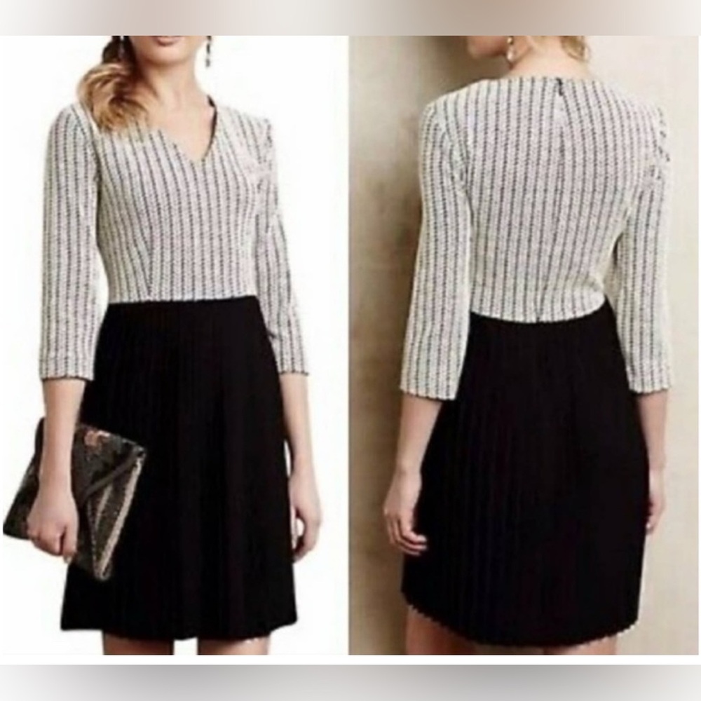 Woman ANTHROPOLOGIE GANNI black White L/s Heatherbone Pleated Dress Sz XS EUC